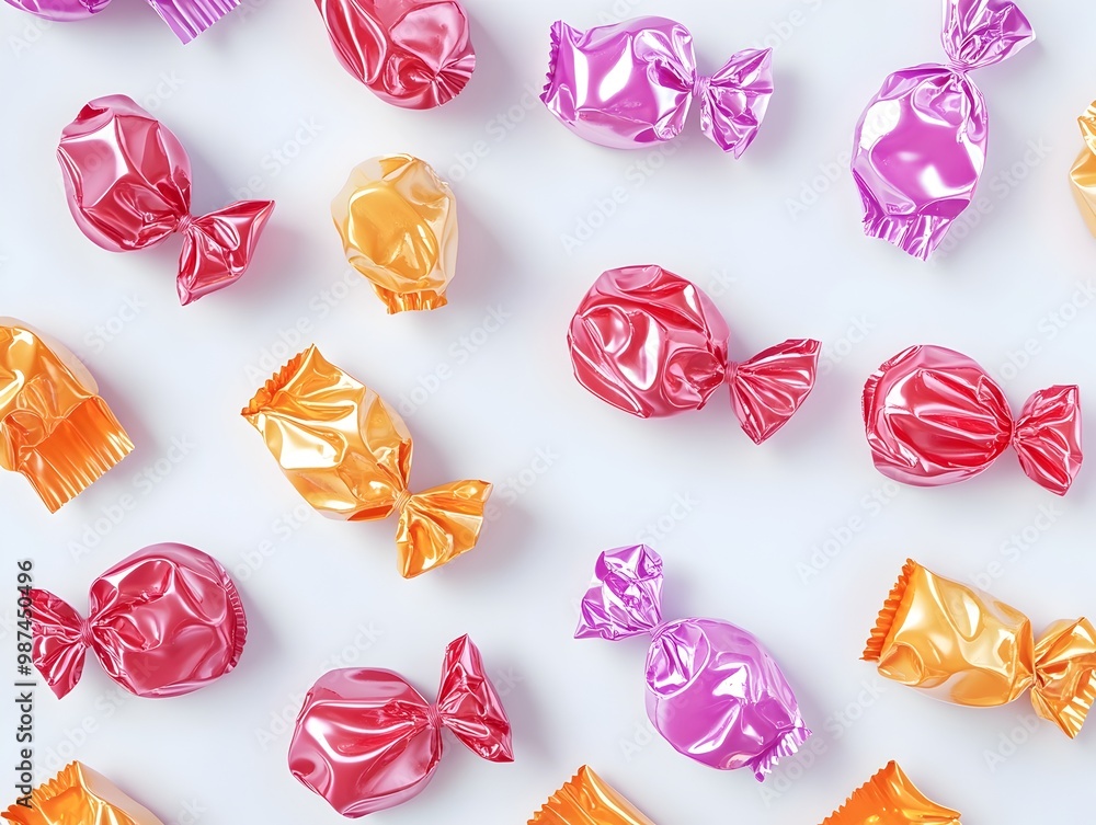 Poster vibrant and colorful scattered shiny candy wrappers with crinkled textures on a clean white backgrou