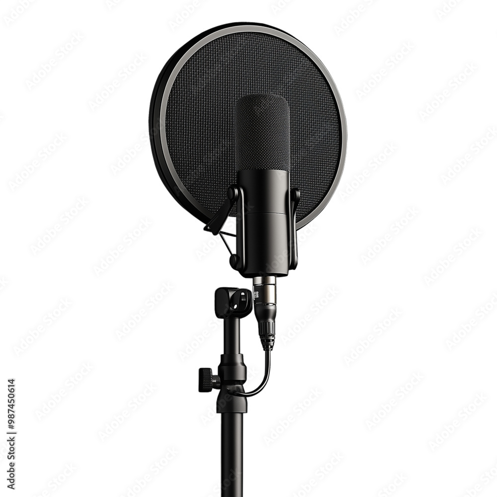 Poster professional studio microphone with pop filter on a transparent background ideal for podcasting and 
