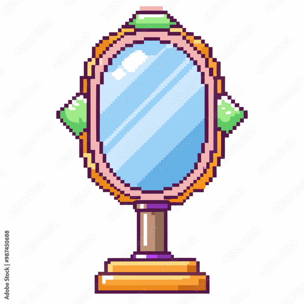 Poster retro pixel art mirror with a vintage frame on stand for nostalgic digital design