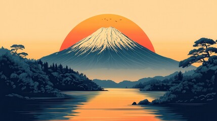 Fototapeta premium Stunning Illustration of Mount Fuji at Sunset with Serene Lake and Pine Trees in Foreground