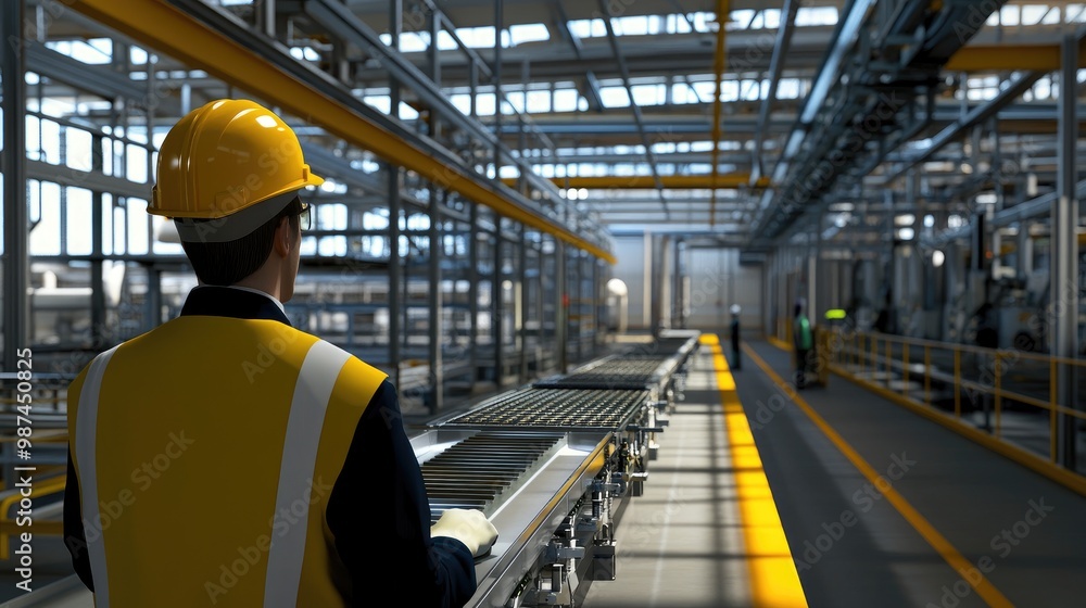 Poster side view of a worker overseeing a precision-engineered automated production line in a 3d-rendered f