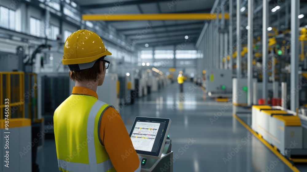 Poster side view of a worker overseeing a precision-engineered automated production line in a 3d-rendered f