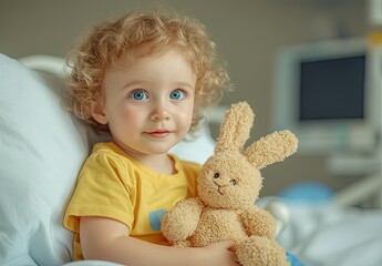 A young child with curly hair holding a plush bunny toy, sitting in a cozy environment.