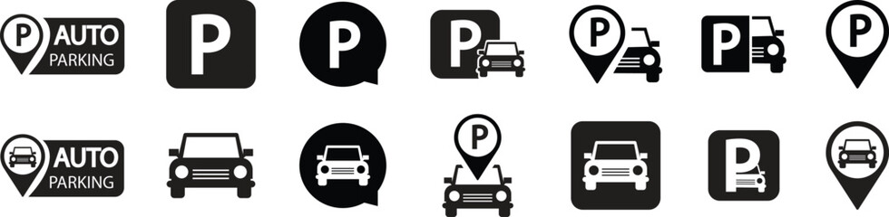 Parking icons set flat styles. Car parking place vectors. Traffic signs illustration. Public parking, road signs and pin marker isolated on transparent background. Street road signs business concepts.