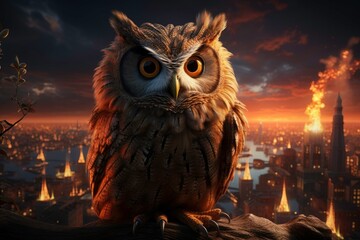 Captivating Professional Photo of an owl with beautiful feathers, a bright tail standing on a rooftop, and a stunning view of the city at the same time as the sun rises 