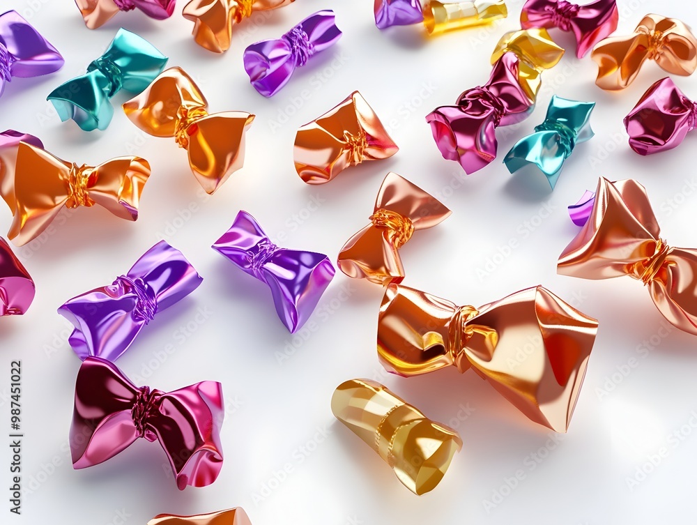 Poster vibrant and shiny candy wrappers scattered randomly on a clean white background 3d rendered flat des
