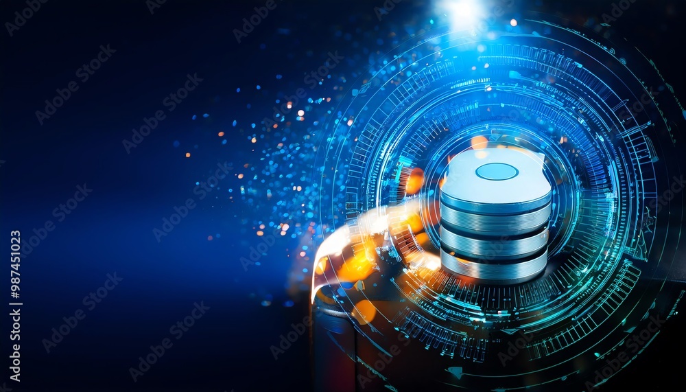 Poster a futuristic digital representation of a data storage system, with glowing elements and circular pat