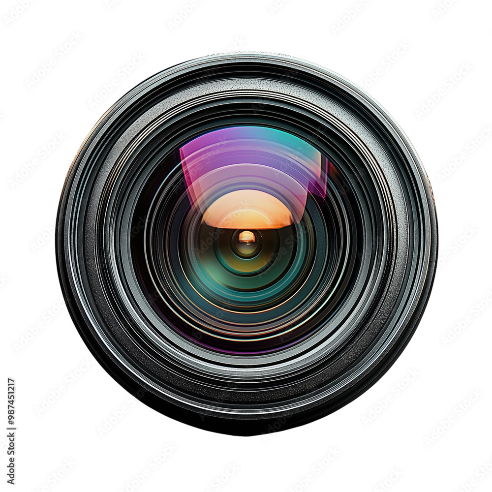 Poster close-up view of a camera lens with vibrant reflections on a transparent background showcasing the i