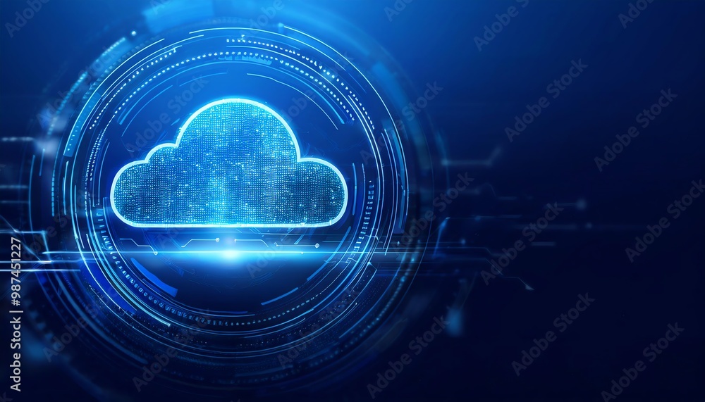 Poster a glowing cloud symbol surrounded by digital patterns, representing cloud computing and technology i