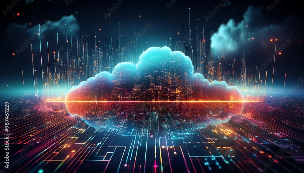 Poster a vibrant digital cloud surrounded by cascading data streams and neon lights, representing cloud com