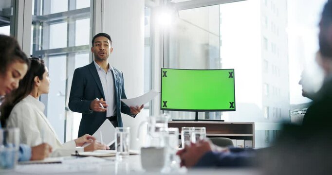 Computer, green screen and businessman with presentation for team in office with financial forecasting. Chroma key, tracking markers and group of finance planners with technology for investment proft