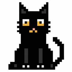 Obraz premium Pixelated Black Cat Illustration with Cute Expression and Yellow Eyes Retro Digital Art