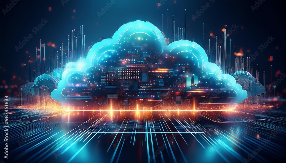 Poster A vibrant digital cloud structure surrounded by data streams and glowing effects, symbolizing cloud computing and advanced technology.