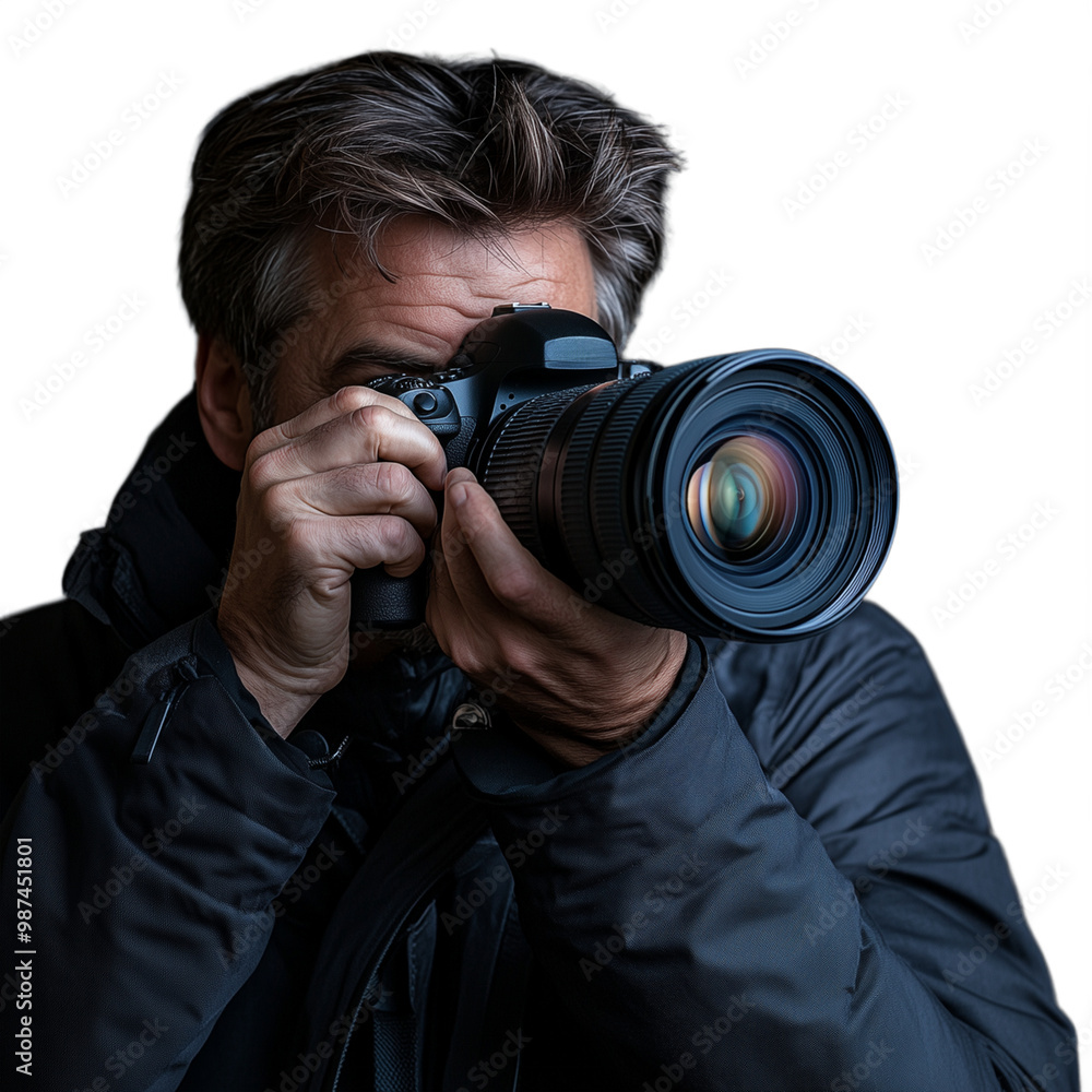 Poster professional photographer capturing an image with a dslr camera on a transparent background, focusin