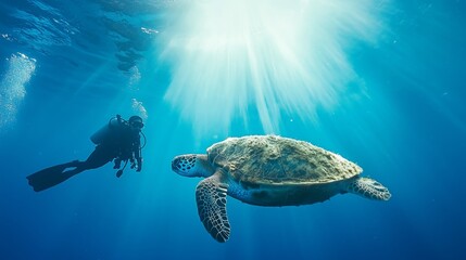 Obraz premium Underwater scene showing a diver and a turtle illuminated by sun rays.