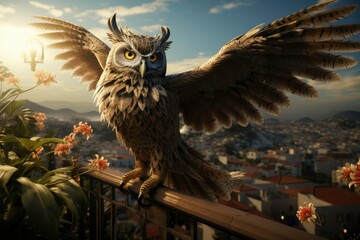 Captivating Professional Photo of an owl with beautiful feathers, a bright tail standing on a rooftop, and a stunning view of the city at the same time as the sun rises 