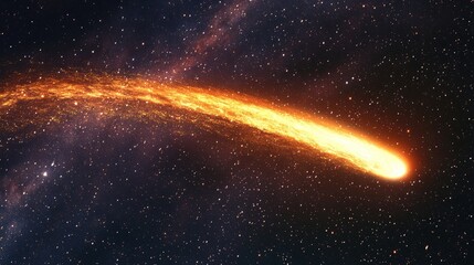 Streaking comet with a fiery orange tail cuts across the night sky, leaving a brilliant trail of cosmic light.