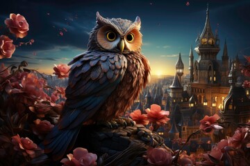 Captivating Professional Photo of an owl with beautiful feathers, a bright tail standing on a rooftop, and a stunning view of the city at the same time as the sun rises 