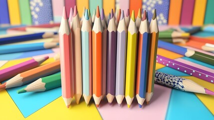 Fototapeta premium Vibrant Colored Pencils in Dreamy Memphis Inspired Composition