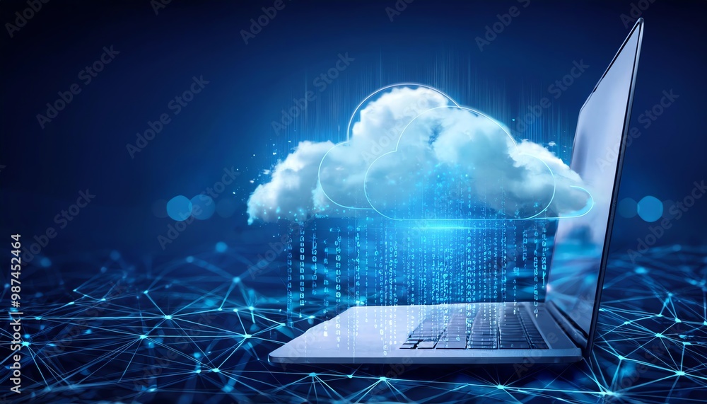 Poster a laptop with a cloud symbol above it, surrounded by digital data streams, representing cloud comput