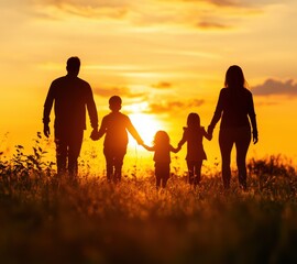 A heartwarming silhouette of a family walking hand-in-hand during a mesmerizing sunset, capturing the essence of togetherness and love in nature?s beautiful backdrop.