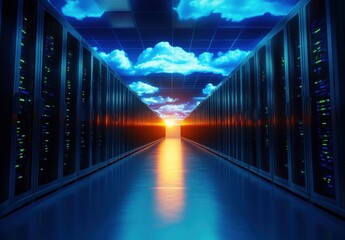 A stunning view of a data center corridor, illuminated by a vibrant sunset and a sky of clouds, symbolizing the convergence of technology and nature.