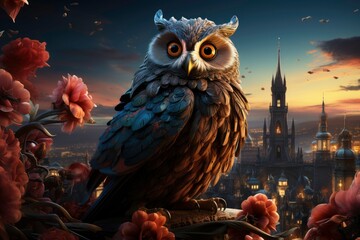 Captivating Professional Photo of an owl with beautiful feathers, a bright tail standing on a rooftop, and a stunning view of the city at the same time as the sun rises 
