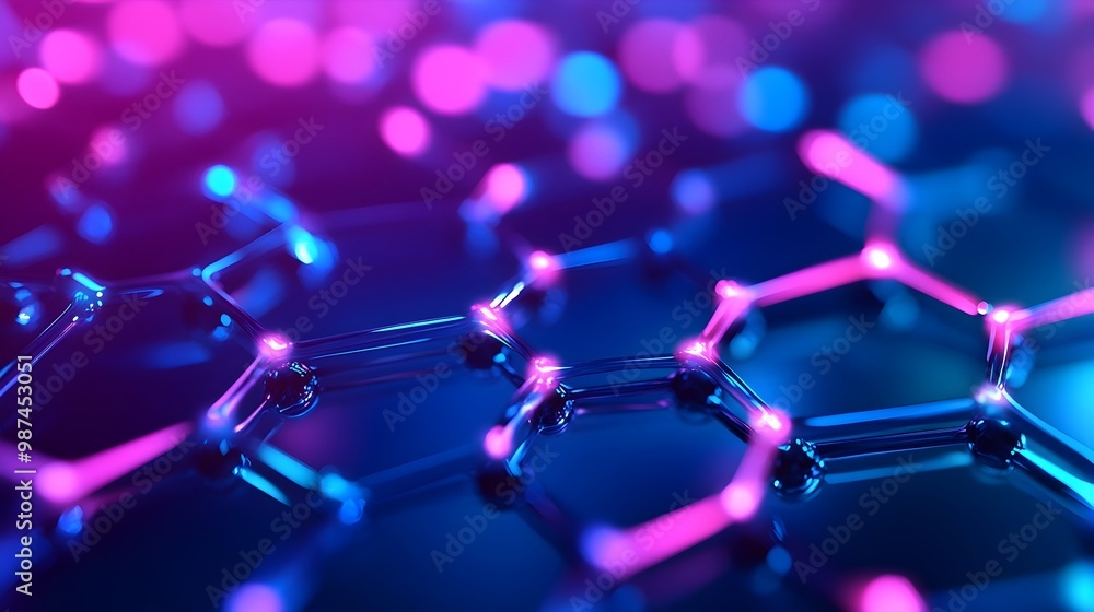 Poster vibrant graphene molecular structure with hexagonal carbon lattice pattern