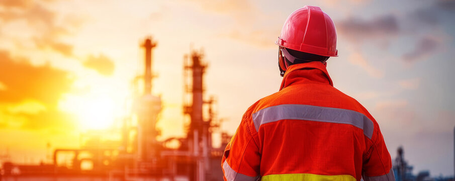 Engineer wearing flameresistant clothing inspecting an oil refinery at sunset, safety protocols, energy sector