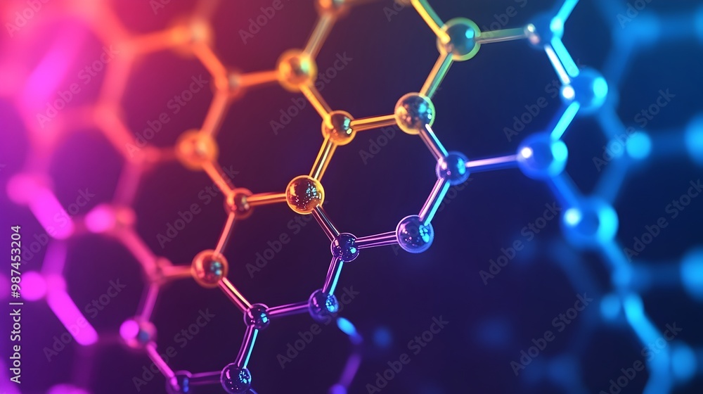 Poster vibrant graphene molecular structure with hexagonal carbon lattice