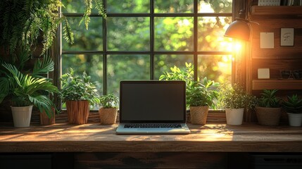 Fototapeta premium Cozy Home Office with Laptop and Greenery