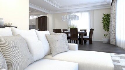 In a contemporary living room, a sleek floor lamp casts warm light on a light grey sofa with three decorative pillows, complementing a dining area in the background