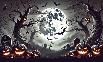 Halloween theme, spooky atmosphere, dark shadows, eerie glow, haunted house, pumpkins, fog, bats flying, full moon, creepy trees, tombstones, carved pumpkins