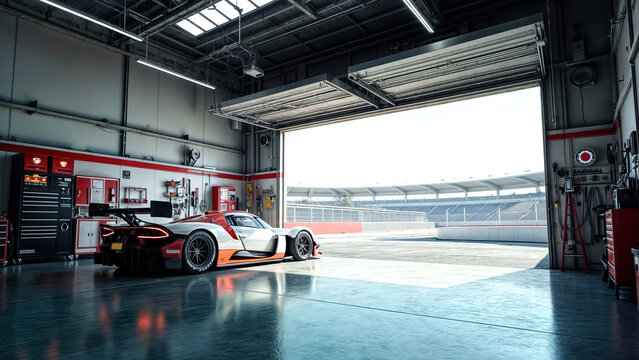 White racing car parked inside garage facing empty racetrack