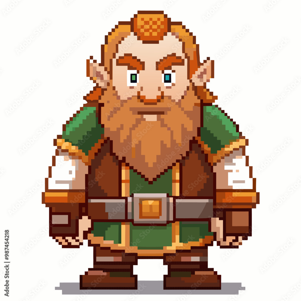 Aufkleber retro pixel art fantasy character with red beard and adventurous outfit in 2d style