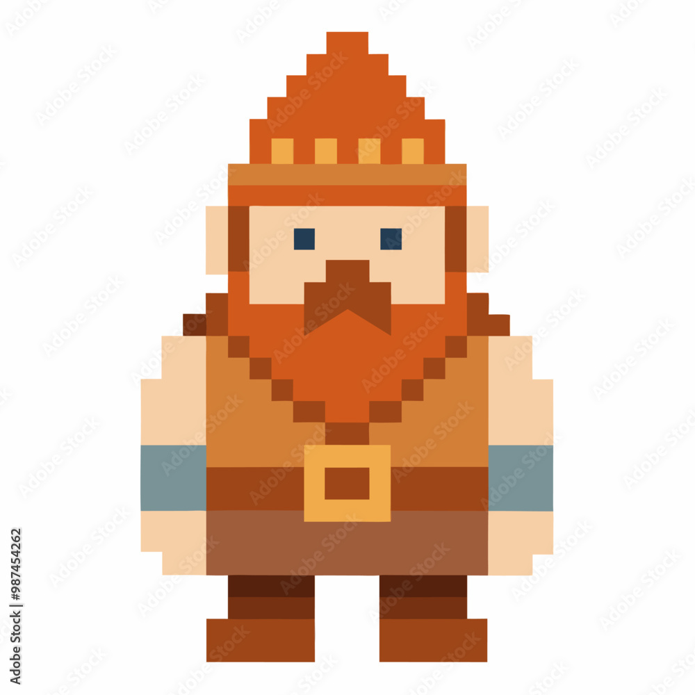 Aufkleber retro pixel art dwarf character with red beard and pointed hat