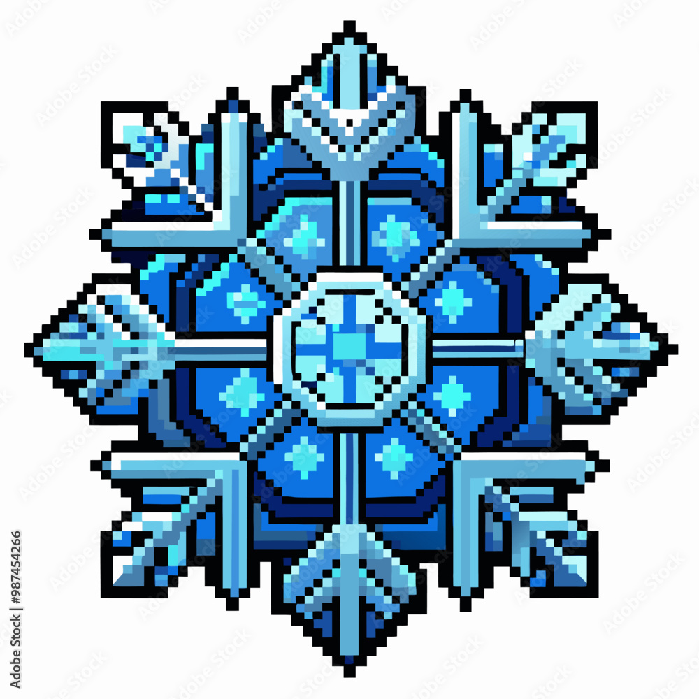Poster pixelated blue snowflake design with symmetrical patterns digital art for winter themed projects