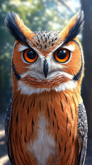 A close-up of a majestic owl with piercing orange eyes.