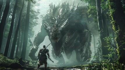 Dramatic showdown between a fantasy hero and a giant monster with scales, set in a dense, enchanted forest