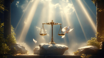Scales of Justice with Angel Wings in the form of a white dove