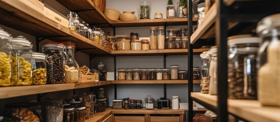 Organized Pantry with Wooden Shelves and Glass Jars Filled with Various Food Items and Ingredients