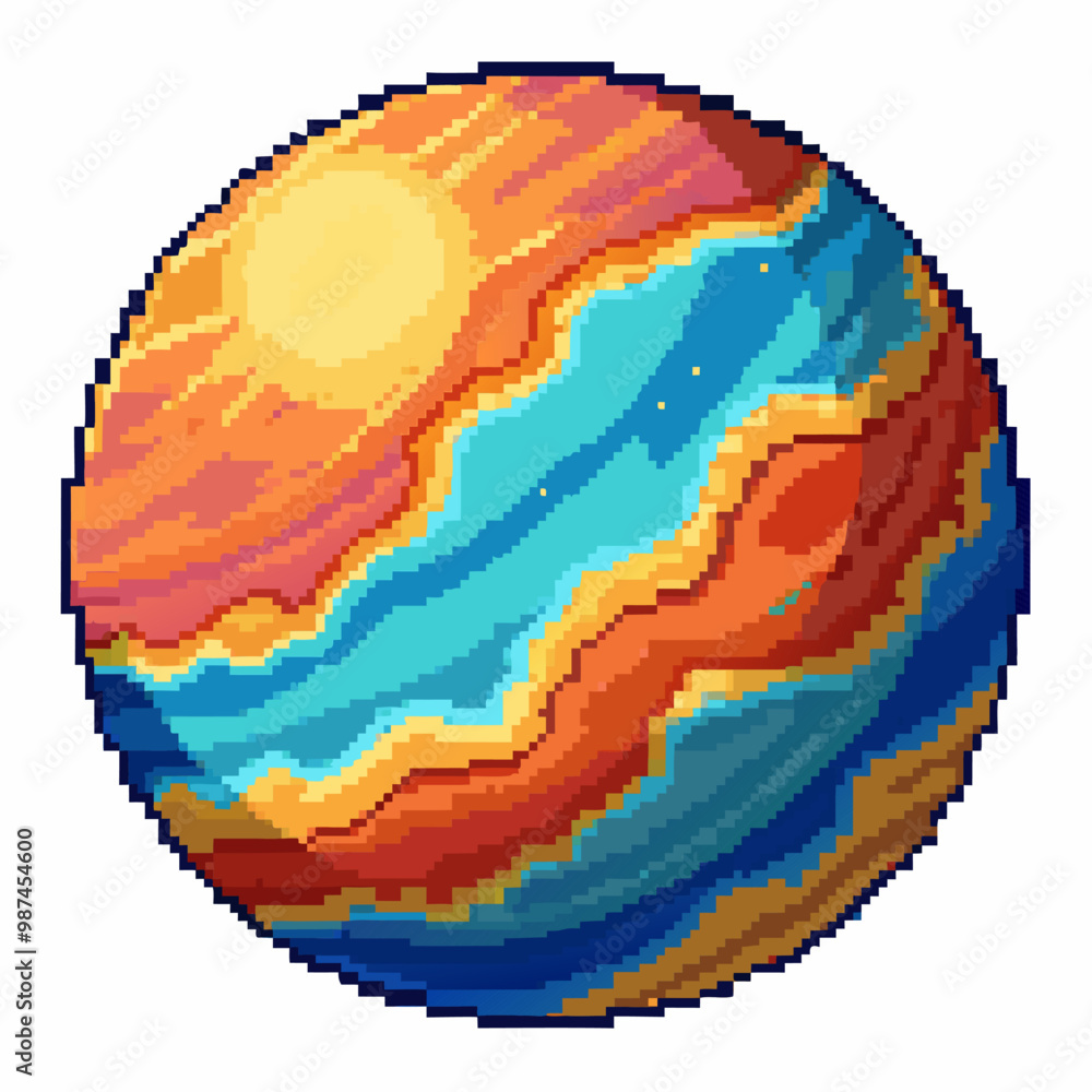 Aufkleber vibrant pixel art planet in retro 8 bit style with colorful atmospheric layers
