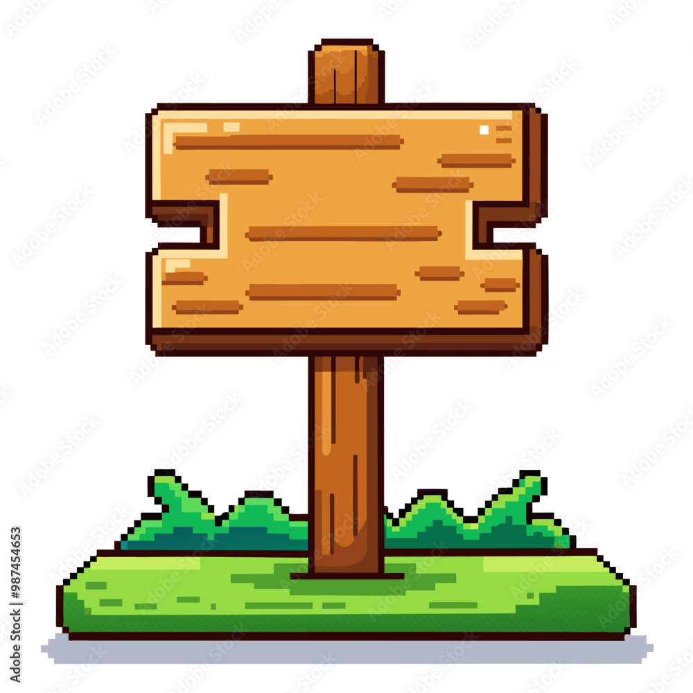 Aufkleber retro pixel art wooden sign on grass patch video game graphics and design element