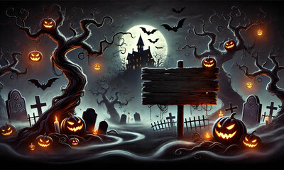 Halloween theme, spooky atmosphere, dark shadows, eerie glow, haunted house, pumpkins, fog, bats flying, full moon, creepy trees, tombstones, carved pumpkins