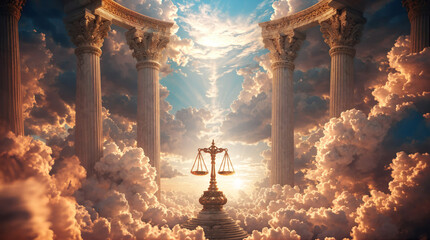 Scales of Justice on the backdrop of divine clouds and columns