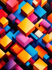 Obraz premium A dynamic arrangement of colorful cubes and rectangles, showcasing a blend of bright hues like orange, blue, pink, and yellow against a contrasting background, creating an eye-catching visual.