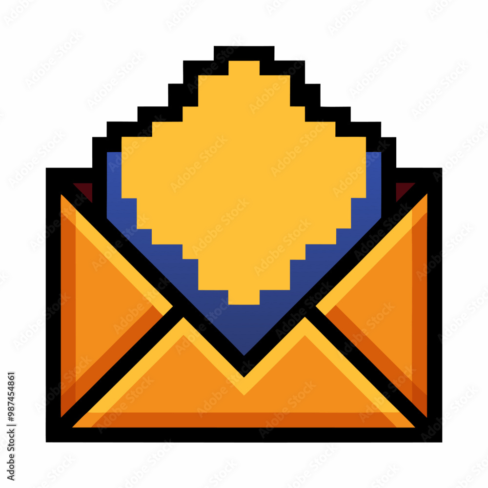 Poster retro pixel art envelope icon with message notification in bright yellow and blue