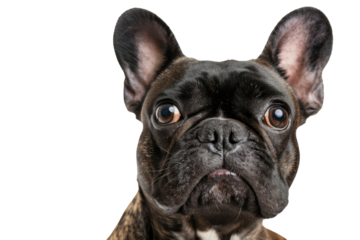 French bulldog makes a confused expression on a white background