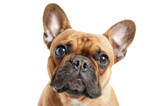 French bulldog makes a confused expression on a white background