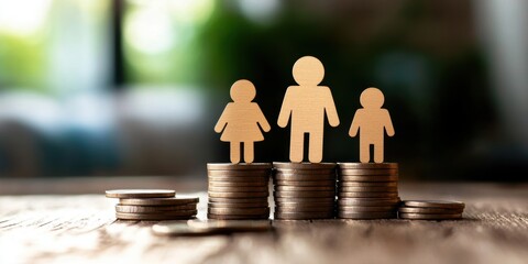 This image showcases wooden figures symbolizing different family members standing atop stacks of coins, highlighting the importance of financial stability and family dynamics in economic success.